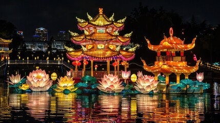 Obraz premium Lantern festival nighttime spectacle with illuminated lanterns floating. 