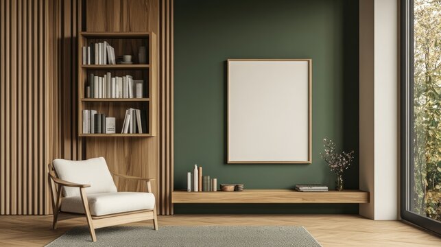 Fototapeta Interior of a wooden living room with shelves, a poster, and a modern design.