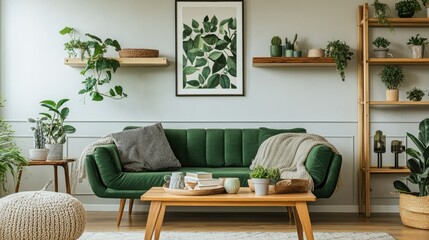 Interior of a wooden living room with shelves, a poster, and a modern design.