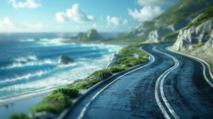 3D summer road trip with a car driving along coastal roads