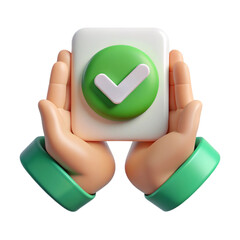 3D Illustration of Hands Holding a Green Check Mark Icon