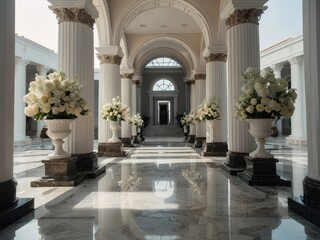 Obraz premium White Flowers in Ornate Vases Adorn a Columned Hallway