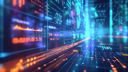 Futuristic Digital Interface with Data Visualization and High-Tech Elements in a Virtual Environment