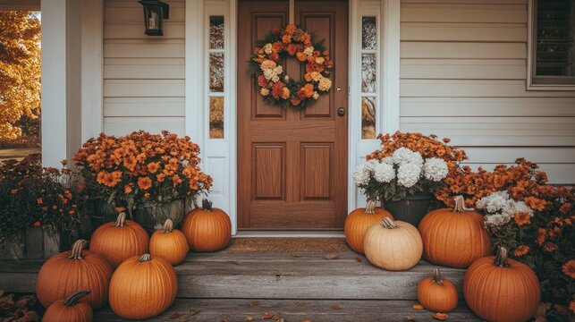 Autumn-themed front door decoration with pumpkins and flowers, perfect for fall and Halloween.