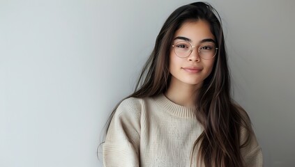 Obraz premium Young Woman with Glasses and Long Brown Hair Smiles Gently