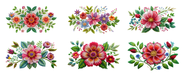 Embroidery Flowers and Leaves on Transparent Background, Floral Embroidery Collection