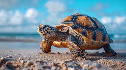 Obraz premium Big Turtle Walking on Sand Beach 