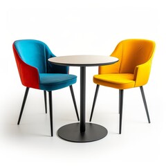 Fototapeta premium Modern round cafe table with two colorful upholstered armchairs in blue, red, and yellow isolated on a white background.