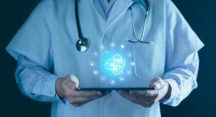 Medical AI technology, doctor use AI for diagnosis, care, health and increasing accuracy patient treatment in future. Medical research and development innovation technology to improve healthcare