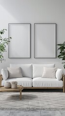 Modern White Minimalist Interior Design for a Poster-Ready Living Room Layout, with a Spacious White Sofa and Copy Space - A High-Quality Visual Delight