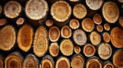 Close-up of Stacked Wooden Logs Showing Growth Rings