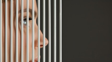 A close-up view of a woman's profile behind vertical lines, highlighting expression and emotion in a creative composition.