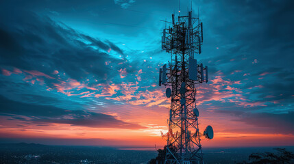 A tall tower with a lot of antennas on top of it. The sky is blue and orange