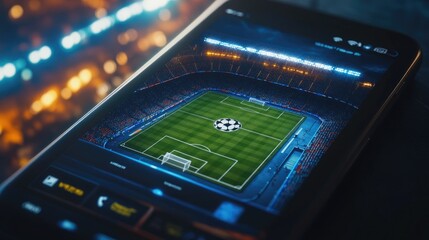 Immersive Soccer Betting Experience on Mobile Phone Screen at Night Stadium
