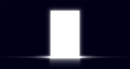 White opened door, glowing entrance, illuminated heaven gate concept, bright mystery doorway. Vector illustration.