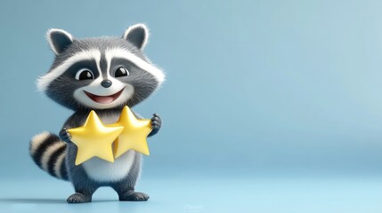 Customer Satisfaction Excellence, Playful Raccoon Holding Five-Star Review Icon Among Golden Stars on Blue Gradient Background