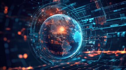 Fototapeta premium Global Economic Cycles and Technological Financial Analysis, Conceptual Image of Currency Symbols and Stock Market Icons Surrounding Futuristic Digital Globe