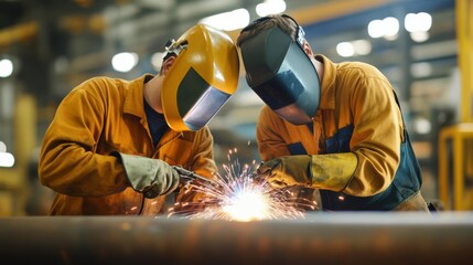 Welder training new apprentices, knowledge transfer, education in skilled trades