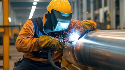 Worker welding large metal structures, heavy industry, infrastructure and construction