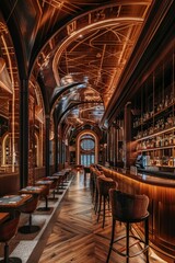 Nightclub interior with wooden bar counter, chairs and drinks. Vertical