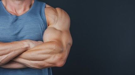 Close-up of muscular arm and bicep of a man showcasing strength and fitness on a dark background.