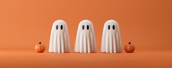 Three playful ghost decorations surrounded by pumpkins against a vibrant orange backdrop, perfect for Halloween themes.