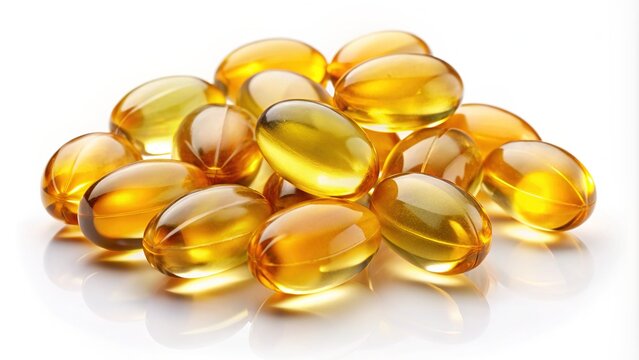 Golden cod liver oil omega-3 gel capsules with transparent shells and softgel texture, scattered and arranged on a clean, pure white background, highlighting health benefits.