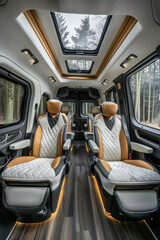 Fototapeta premium A van with a large window and a sunroof. The van has a lot of seats and a lot of space