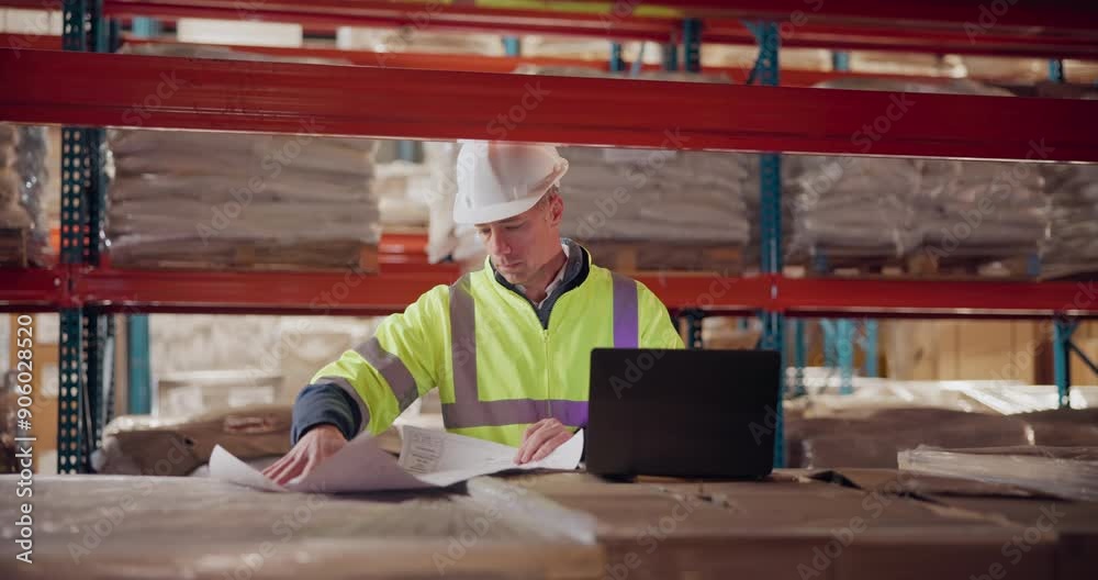 Poster architect, man and laptop with floor plan at warehouse planning a building design, layout and projec