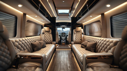 A van with a large window and a sunroof. The van has a lot of seats and a lot of space