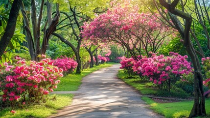 Obraz premium Pathway lined with blooming azaleas in a park