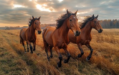 Fototapeta premium Three Horses Running in a Field