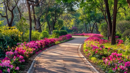 Obraz premium Pathway lined with blooming azaleas in a park