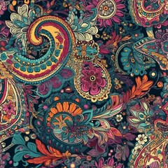 Vibrant and intricate floral and leaf pattern with a dark background