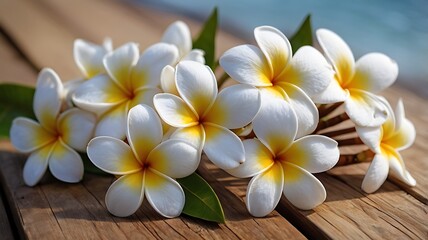 white plumeria flowers on the beach.