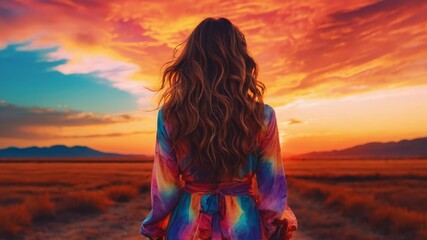 Fototapeta premium 夕焼けと女性の後ろ姿,Generative AI AI画像