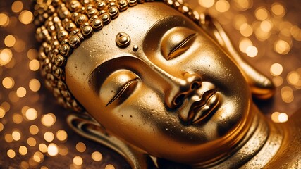 golden buddha face with golden glitter, laying on the ground, shiny background