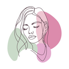 Aesthetic Beautiful Girl Face Hand Drawn Sketch in Line Art Style with Purple Green Fill Color