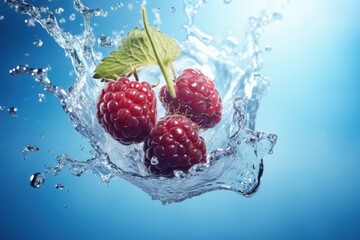 Water splash with red raspberries