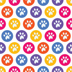 seamless pattern of white footprints in colorful circles on a transparent background
