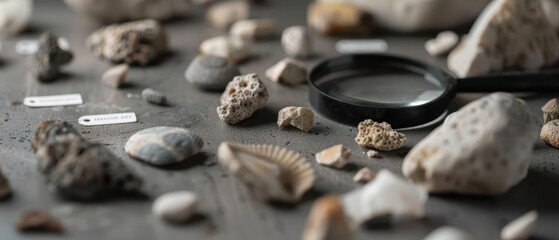 Closeup of various rocks, shells, and a magnifying glass on a dark surface.