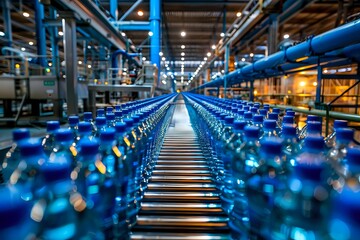 Naklejka premium Water Bottles Move Through Bottling Plant Conveyor Belt System