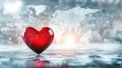 Concept of world heart day, A red heart on a futuristic white world map background, Generative AI
