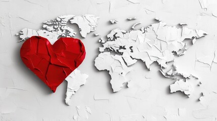 Concept of world heart day, A red heart on a futuristic white world map background, Generative AI