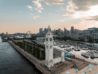 Montreal, Canada Clock Tower Drone Aerial shot during sunset.  © TBC