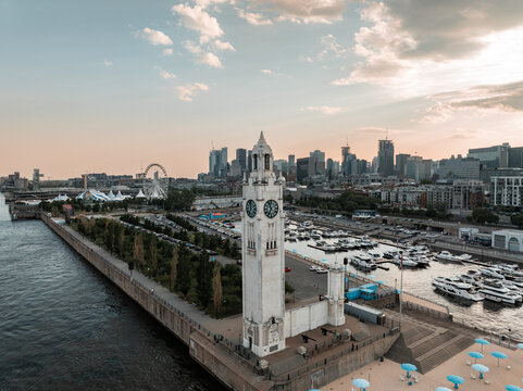 Montreal, Canada Clock Tower Drone Aerial shot during sunset. 