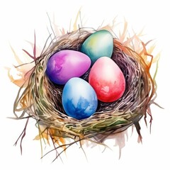 Obraz premium Watercolor painting of Easter eggs in a nest