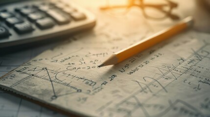 Pencil resting on notebook filled with mathematical equations, calculator and glasses in background.