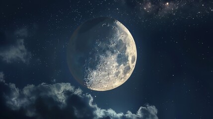 The moon hangs like a silver crescent in the night sky, casting a gentle light.