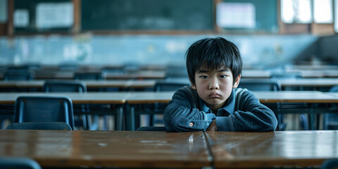 A young boy sits alone in an empty classroom, with a sad expression on his face. bullying concept